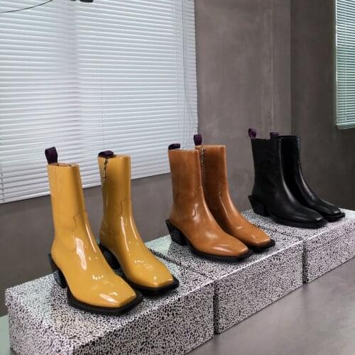 2021 New Chelsea Boots Square Toe Women Boots Mid-Calf Boots Woman Zip Genuine Leather Hot Women Shoes Ins Fashion Shoes Woman