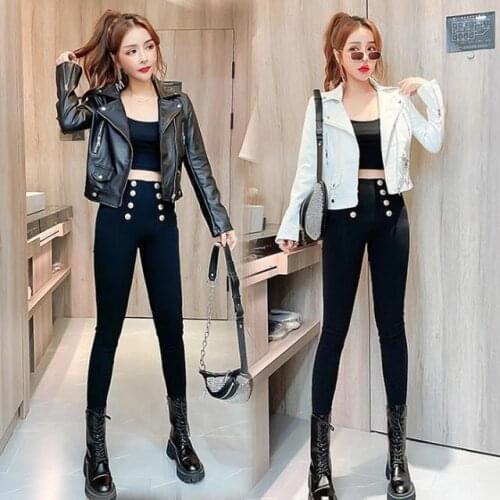 Women 2021 Spring Autumn Streetwear Suit Set Female Faux Leather Short Jacket + Pencil Pants Set Casual Three Piece Outfits C354