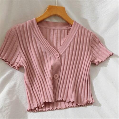 Women Ruffles Knitted Short Sleeve Cropped Sweaters Cardigans Lady Summer Above Navel Thin Sweet Sweater Crop Tops Female