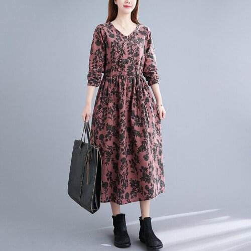Women Dress 2021 New Arrival Ruffle V-neck Cotton Linen Long Sleeve Vintage Spring Autumn Midi Dress Office Lady Work Dress