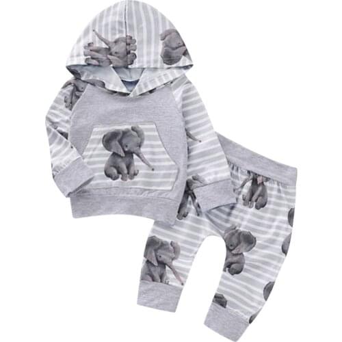 TELOTUNY Winter clothes Baby Boys Pants Sets Elephant Print Hooded Long Sleeve T-shirt Top Pants Outfits Fashion Casual Set