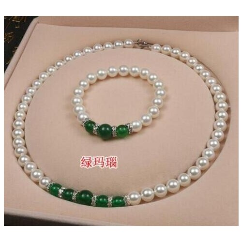 8-9MM White SOUTH SEA PEARL+Green jade Beads NECKLACE 18" Bracelet SET