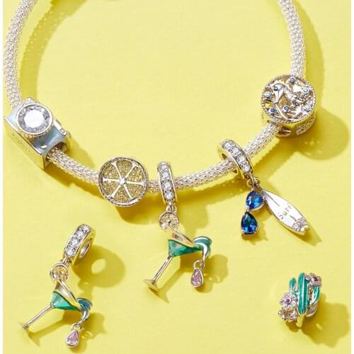 Bamoer 2020 Summer Holiday New Design 925 Sterling Silver Green Enamel Cactus and Lemon Beads Charm for Original Silver Bracelet