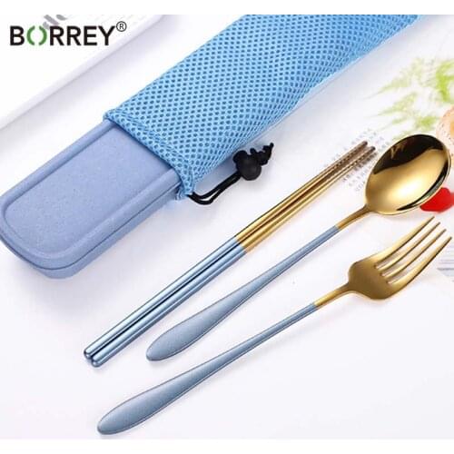 BORREY 3Pcs Stainless Steel Cutlery Camping Tableware Set Cutlery Reusable Portable Flatware With Bag Chinese Travel Cutlery Set