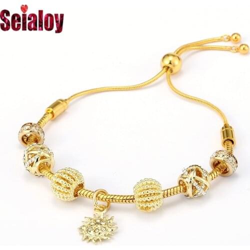 Seialoy Fashion Shiny Sun Charm Bracelets For Women Original Planet Crystal Beads Adjustable Golden Snake Chain Bracelet Jewelry