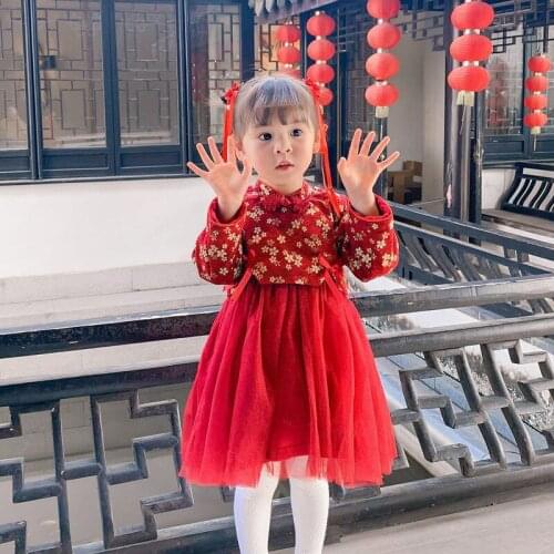 DFXD Girls Chinese Cheongsam Dress Long Sleeve Happy New Year Mesh Patchwork Princess Dress Plus Velvet Toddler Clothes Outfits