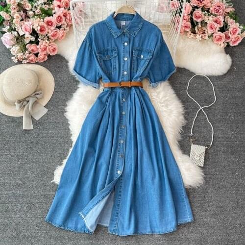 Retro denim skirt 2021 summer new style casual waist mid-length over-the-knee shirt dress
