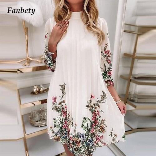 Elegant Floral Print Pleated Office Dress 2021 Autumn Sexy Turtleneck Ruffle Women Party Dress Casual 3/4 Sleeve A-Line Dresses