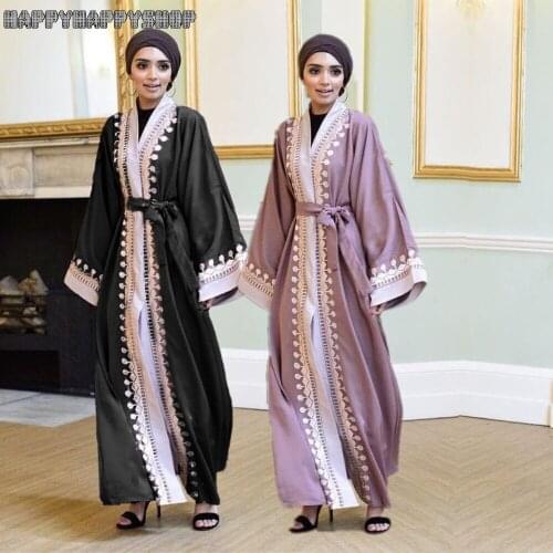 Ethnic Dress Dubai Party Belted Cardigan Islamic Muslim Embroidery Open Front Abaya Kaftan Maxi Kimono Robe Gown Ramadan Clothes