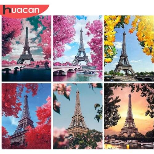 HUACAN Full Square/Round Diamond Painting 5d Tower Mosaic Tree DIY Diamond Embroidery Landscape Home Decor Craft Kit