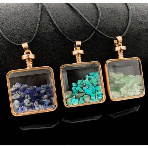 Square Natural Stone Pendants for Women Girls Wedding Party Jewelry Handmade Copper Glass Bottle Statement Gifts Wholesale