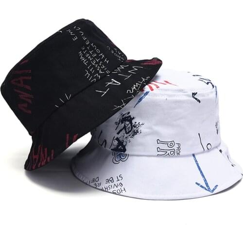 Fashion Letter Graffiti Travel Summer Beach Sun Protection Hat Black White Bucket Hat Fisherman Cap