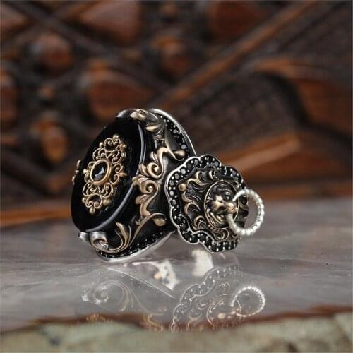 Lion With Icon Onyx Gemstone 925 Sterling 925 K Silver Men 'S Ring