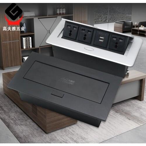 COSWALL Zinc Alloy Plate 16A Slow POP UP 2 Power EU Socket Dual USB Charge Port 2.1A Office Table Desktop Outlet Black Steel Box