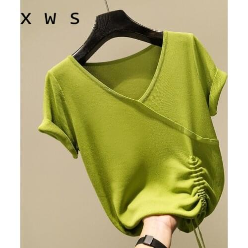 Sexy Women Sweater Thin Summer Knitted Elastic 2021 Short Sleeve Drawstring Woman Clothes Sweater Womens Pullovers
