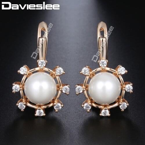 Davieslee Pearl Stud Earrings For Women 585 Rose Gold Filled Clear CZ Womens Earring Fashion Jewelry Gift for Women DGE154