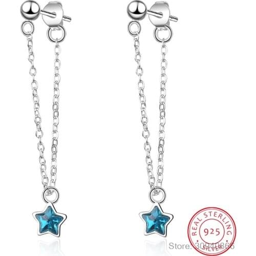 Star Drop Earrings 925 Sterling Silver Female Blue Crystal Five-pointed Stars Ear Jewelry Sweet Ear Hanging Brincos