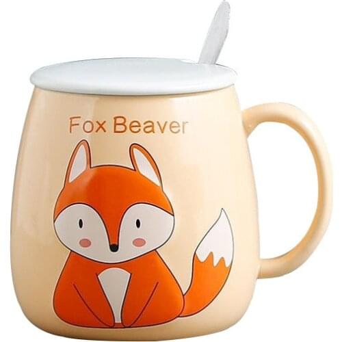 Cute Cartoon Cat Mug Creative Animal Fox Ceramic Mug Office Mug for Girls and Dogs with Lid Spoon cute coffee mugs and cups