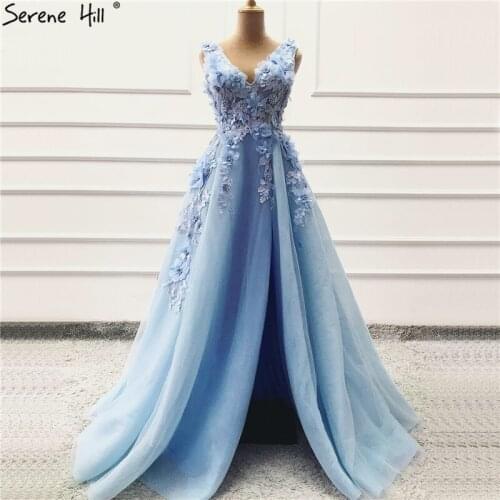 Blue Handmade Flowers Diamonds V-Neck Evening Dresses Sleeveless Sexy A-Line Formal Dress 2020 Serene Hill LA60867