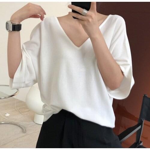 CHEKNew Korean style lazy temperament ice silk neck knitted short sleeve loose T-shirt slim all-match plain color top women 0711
