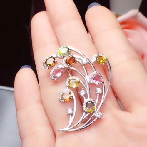 Tourmaline brooch Free shipping Natural real Tourmaline 925 sterling silver brooch 4*5mm 9pcs gemstone