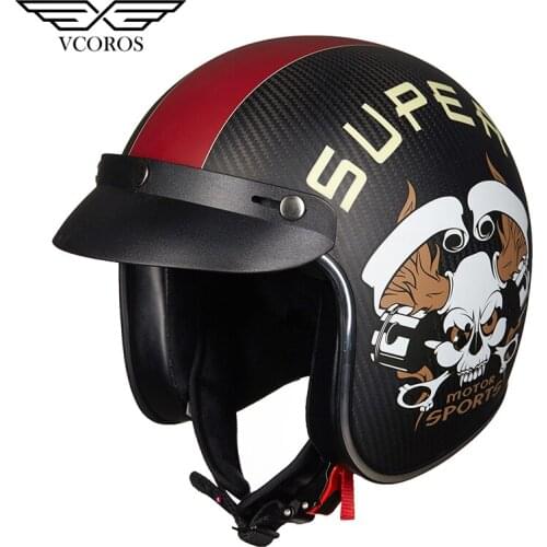 Vcoros Carbon Fiber Open Face Retro Motocycle Helmet With Removable&Washable ear Pads Man Women Helmet DOT Certification