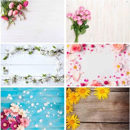 Pink Flowers Wooden Board Photography Backdrops Vinyl Cloth Background for Children Lovers Valentines Day Wedding Photoshoot
