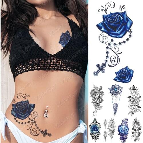 Waterproof Temporary Tattoo Sticker Blue Rose Peony Flowers Flash Tattoos Cross Rosary Body Art Arm Fake Sleeve Tatoo Women Men