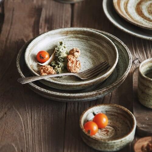Japanese Style Retro Ceramic Dishes Rice Bowl Round Dish Dinner Plate Tableware Swallow Salad Food Plate Dish