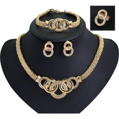 Gold-Color Jewelry Sets African Beads Choker Statement Necklace Earrings Bracelet Fine Rings For Women CZ Vintage Jewelry