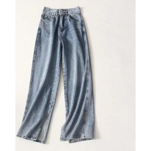 Womens New Korean Version of Non-elastic High Waist Split Jeans Casual Wide-leg Pants Pants DLZK579