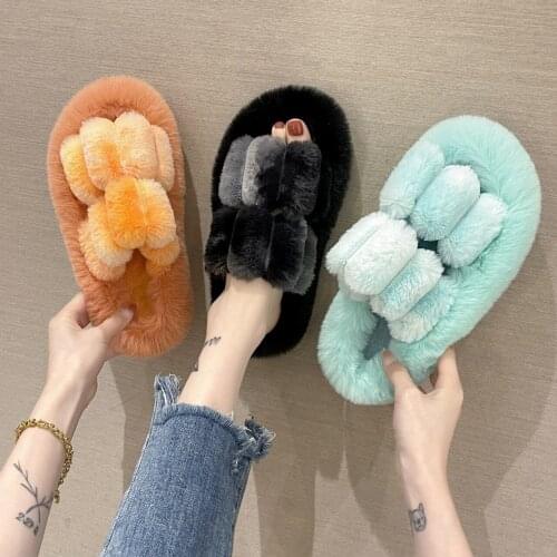 Big Size Autumn Winter Short Plush Girl Shoes Double Rabbit Hair Soft Thick Bottom Home Indoor Warm Cotton Women Furry Slippers