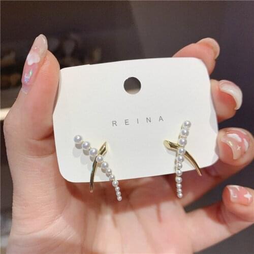 ALLNEWME Temperament Imitation Pearls Cross Statement Earrings for Women Korean Brass Gold Geometric Dangle Earrings Pendientes