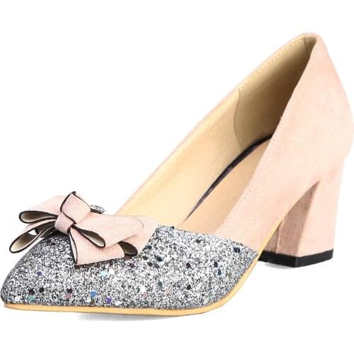 High fashion womens shoes in 2019 age season pointed sequins shallow mouth bowknot single shoes with 40-43