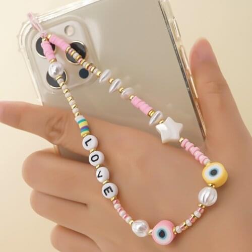 LOVE Letter Beads Phone Case Chain For Women Cute Pearl Beaded Mobile Strap Phone Charm Telephone Anti-Lost Lanyard Jewelry Gift