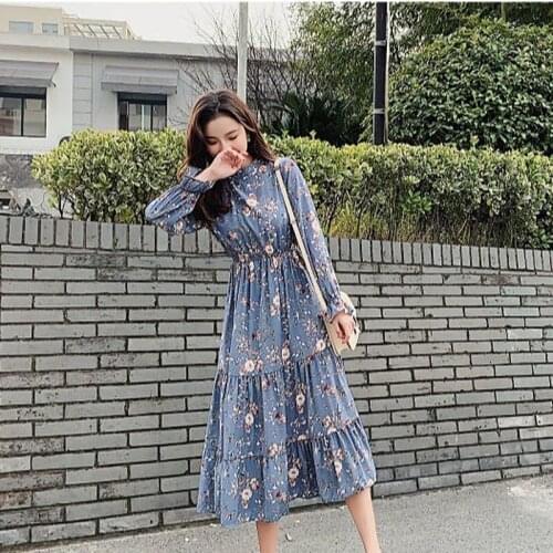 2021 Spring Autumn O-neck Floral Print Women Dress Flared Sleeve Elastic High Waist Party Mid-calf Dresses Vestidos Femme Y548