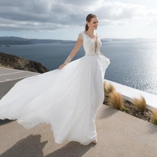 Thinyfull New Arrival V Neck A Line Wedding Dresses Floor Length Long Sleeve Button Bridal Gown Lace Appliques Vestido De Novia