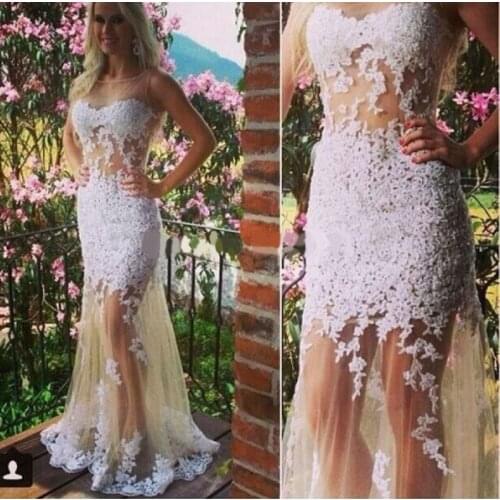 New Robe de soiree longue 2020 Sexy Sheer Mermaid Appliques Evening Dresses Long Scoop Sleeveless Tulle Prom Gown Formal Dresses