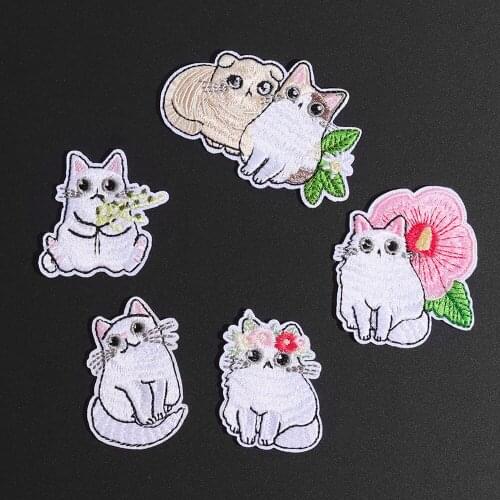 1PC Cherry Blossoms Flower Embroidery Patches for Bag Jeans Cat Iron On Patches for Clothes Small DIY Patch Cute Animal