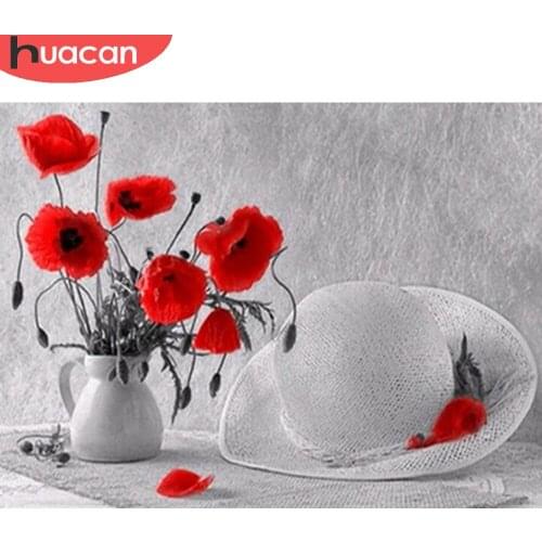 HUACAN Diamond Painting Black Red Poppy Flower 5d Diy Diamond Embroidery Mosaic Hat Floral Home Decor Diamond Art