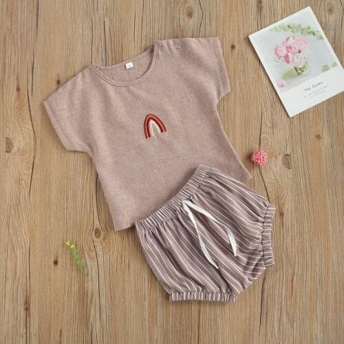 Infant Baby Girl Cotton Linen Clothes Embroidery Rainbow Jumpsuit or T-shirt + Shorts Two-Piece Suit Birthday Party Photography