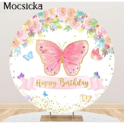 Mocsicka Butterfly Birthday Party Photography Background Spring Garden Tea Party Decoration Round Circle Backdrop Cover Elastic