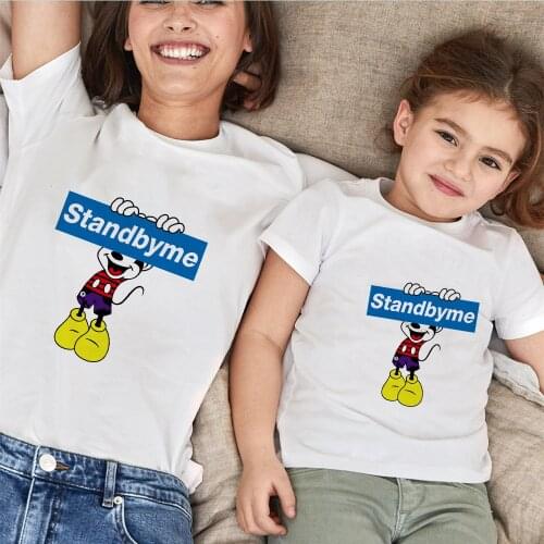 Tees Women T Shirt Mickey Mouse Standbyme Cute Kawaii Baby Kids Tshirts Summer Short Sleeve Casual White Family Matching Clothes