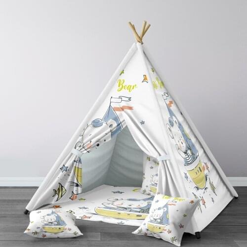 Play Tent for Kids Wigwam Portable Indoor Playground Tents Children Bedrooms Cute Bear Yellow Fish Stars White Model 031