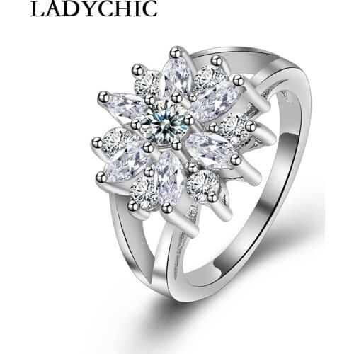LADYCHIC Fashion Sunflower White Gold Color Crystal Ring with 6 Pieces Oval Zircon Engagement Wedding Bridal Jewelry LR1056