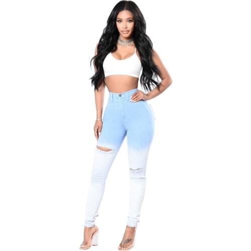 Fashion Blue and white gradient Ripped Jeans Women Destroyed Cool Denim High waist Skinny Jeans Pants Summer Slim Pencil Jeans