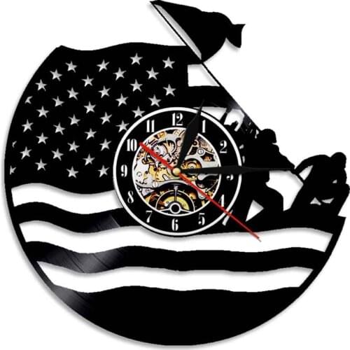 U.S. Marine Vinyl Record Wall Art Clock Army Patriotic Retro Wall Hanging Watch Military Gift Wall Art Night Lighting Clocks