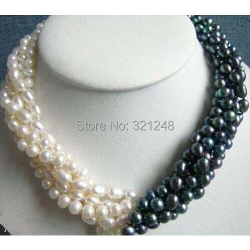 New fashion charming free shipping 5rows 7-8mm white & black Akoya Cultured Pearl necklace BV64