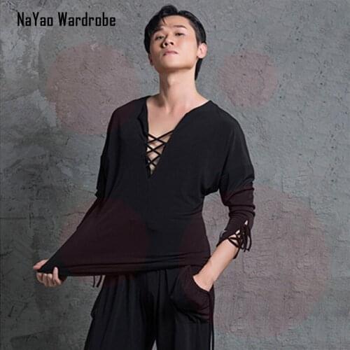 2021 New AN1164 Male Latin Dance T Shirt Long Sleeve V Neck Latin Dancing Tops for Samba Tango Chacha Belly Performamnce
