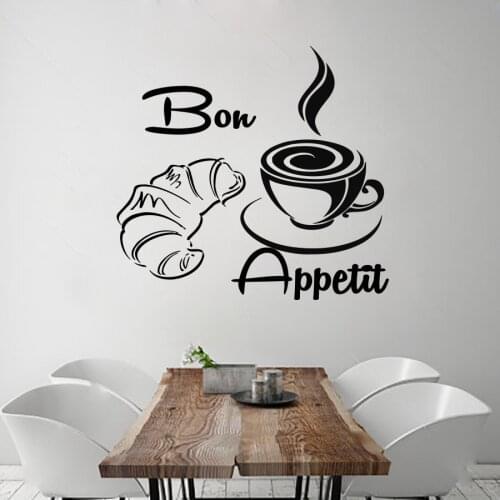 New Arrival Coffee Croissant Wall Decals French Bon Appetit Vinyl Removable Home Decor Wall Stickers